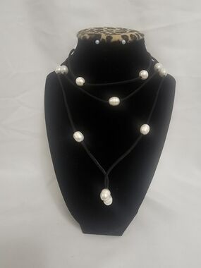 Black Cord Necklace with White Freshwater Pearl 48"